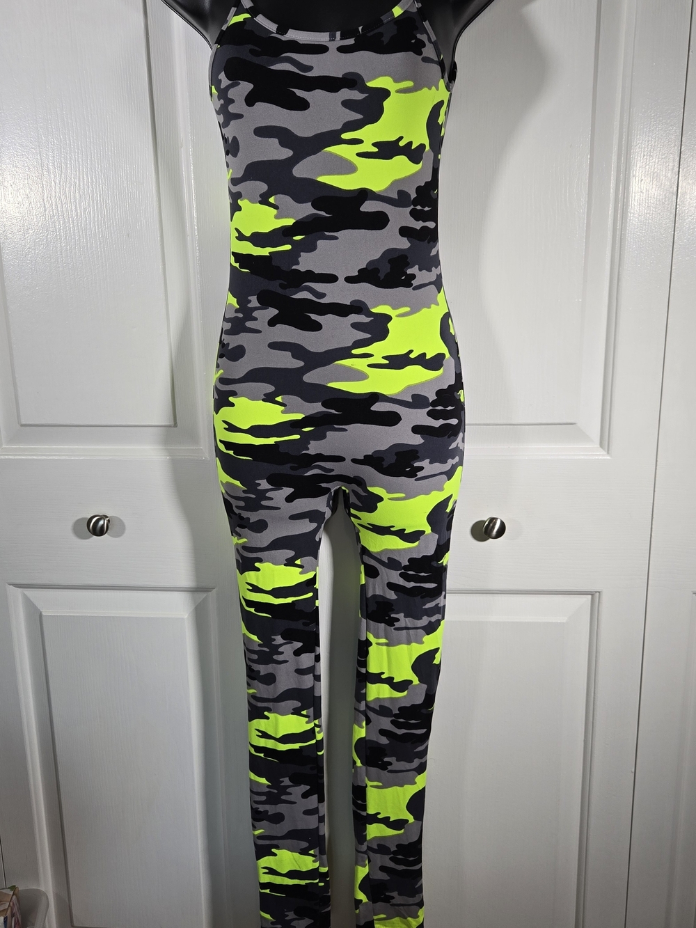 NWT Roma Concept Neon Camo Bodycon Jumpsuit Unitard Size S Black Gray Lime
